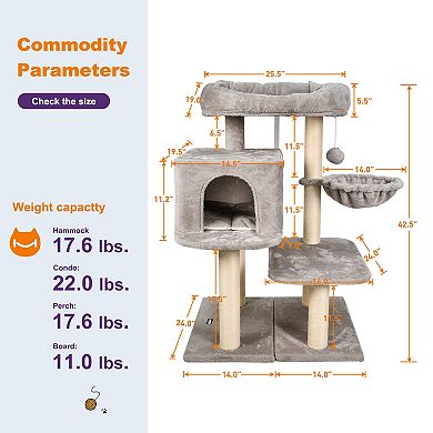GOOPAWS 43-in Faux Fur Top Perch Cat Tree & Condo, Light Grey
