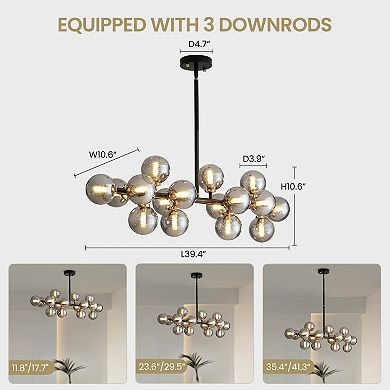 Moooni Modern 16 Lights Gray Glass Globe Chandelier for Dining Room Kitchen Island with No Bulbs