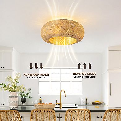 Moooni 20" Bobo Rattan Flush Mount Ceiling Fan with Lights&Remote Round Bohemian Fandelier No Bulbs