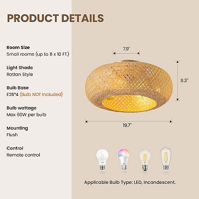 Moooni 20" Bobo Rattan Flush Mount Ceiling Fan with Lights&Remote Round Bohemian Fandelier No Bulbs