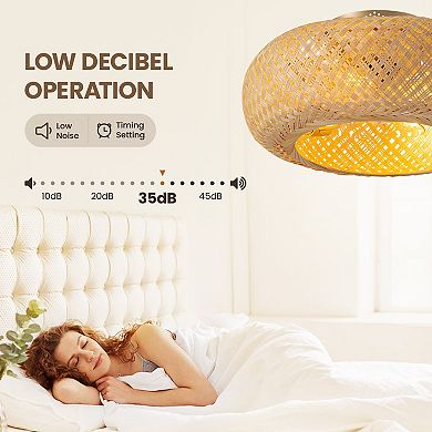 Moooni 20" Bobo Rattan Flush Mount Ceiling Fan with Lights&Remote Round Bohemian Fandelier No Bulbs