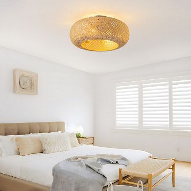 Moooni 20" Bobo Rattan Flush Mount Ceiling Fan with Lights&Remote Round Bohemian Fandelier No Bulbs