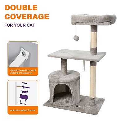 GOOPAWS 38-in Faux Fur Top Perch Cat Tree & Condo, Light Grey