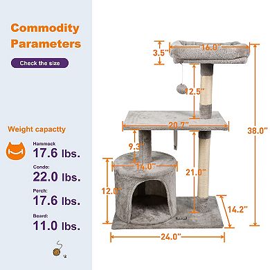 GOOPAWS 38-in Faux Fur Top Perch Cat Tree & Condo, Light Grey