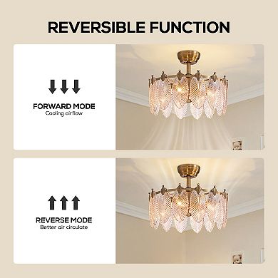 Moooni 52" Golden Wrought Iron Ceiling Fan with Clear Blades & Leaf Glass Shade