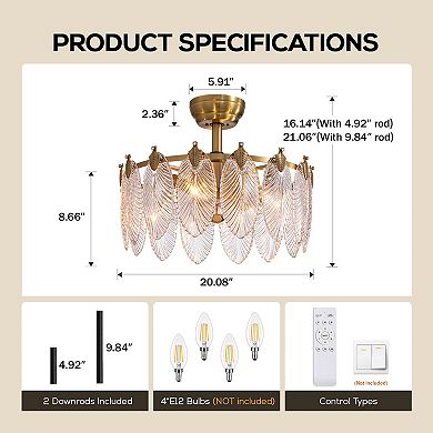 Moooni 52" Golden Wrought Iron Ceiling Fan with Clear Blades & Leaf Glass Shade