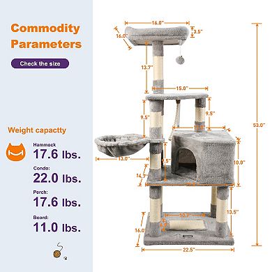 GOOPAWS 53-in Faux Fur Top Perch Cat Tree & Condo, Light Grey