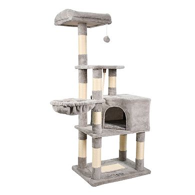 GOOPAWS 53-in Faux Fur Top Perch Cat Tree & Condo, Light Grey