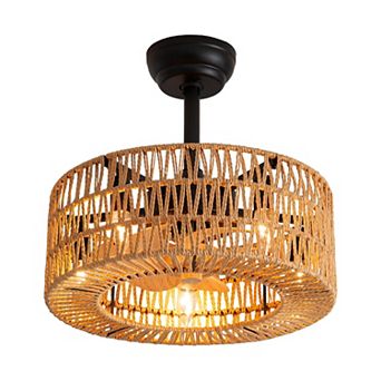 Moooni 18" Farmhouse Downrod Mount Brown Rattan Kraft Paper Rope Ceiling Fan with Remote No Bulb