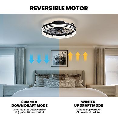 Moooni 20" Flush Mount Black Round Ceiling Fan Dimmable Fandelier with Lights & Remote Control