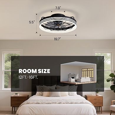 Moooni 20" Flush Mount Black Round Ceiling Fan Dimmable Fandelier with Lights & Remote Control