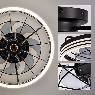 Moooni 20" Flush Mount Black Round Ceiling Fan Dimmable Fandelier with Lights & Remote Control