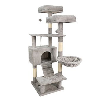 GOOPAWS Multi-Level 57 in Faux Fur Cat Tree & Condo with Hammock, Light Grey