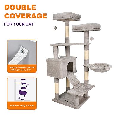 GOOPAWS Multi-Level 57-in Faux Fur Cat Tree & Condo with Hammock, Light Grey