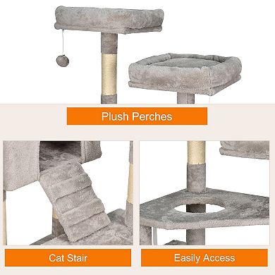 GOOPAWS Multi-Level 57-in Faux Fur Cat Tree & Condo with Hammock, Light Grey