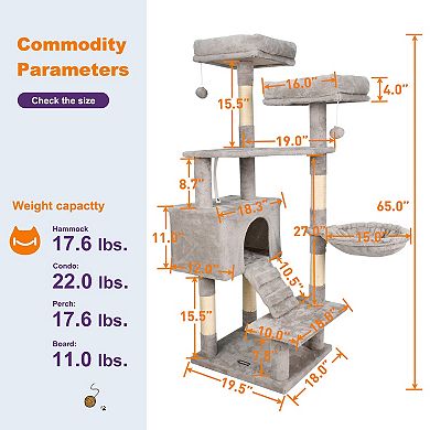 GOOPAWS Multi-Level 57-in Faux Fur Cat Tree & Condo with Hammock, Light Grey