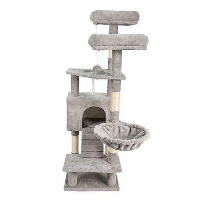 GOOPAWS Multi-Level 57-in Faux Fur Cat Tree & Condo with Hammock, Light Grey