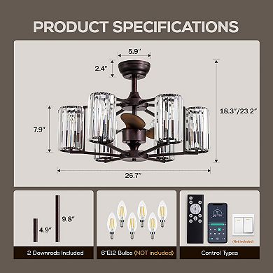 Moooni 27" Crystal & Iron Ceiling Fan with ABS Blades, 3-Speed & 6-Light, Reversible