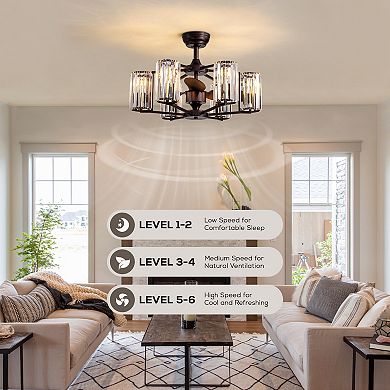 Moooni 27" Crystal & Iron Ceiling Fan with ABS Blades, 3-Speed & 6-Light, Reversible