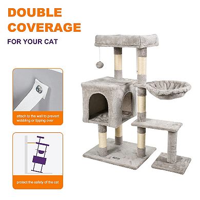 GOOPAWS 37-in Faux Fur Cat Tree & Condo with Basket, Light Grey