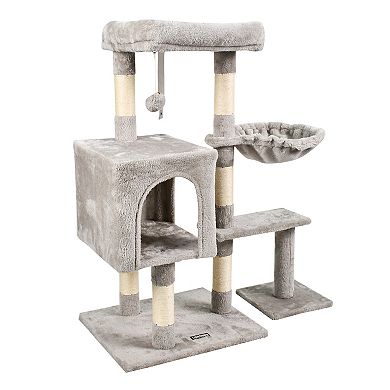 GOOPAWS 37-in Faux Fur Cat Tree & Condo with Basket, Light Grey
