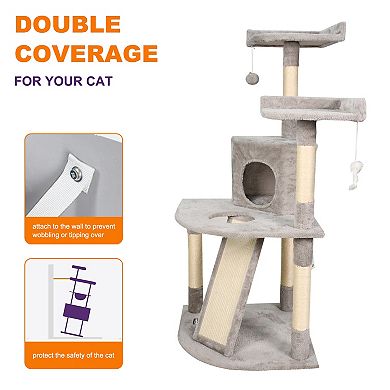 GOOPAWS 3-Tier 50-in Faux Fur Cat Tree & Condo, Light Grey
