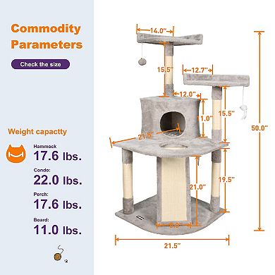 GOOPAWS 3-Tier 50-in Faux Fur Cat Tree & Condo, Light Grey