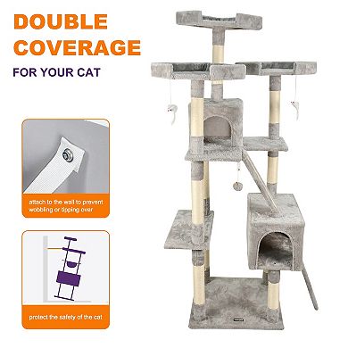 GOOPAWS Multi-Level 73-in Faux Fur Cat Tree & Condo, Light Grey