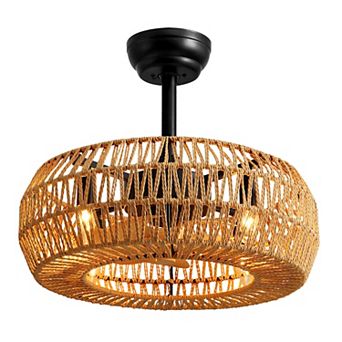 Moooni 20" Farmhouse Ceiling Fan Downrod Mount Brown Rattan Caged Fandelier with Remote(No Bulbs)