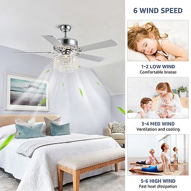 Moooni 52" Crystal Ceiling Fan with Light, 3-Light Vintage Chandelier Style