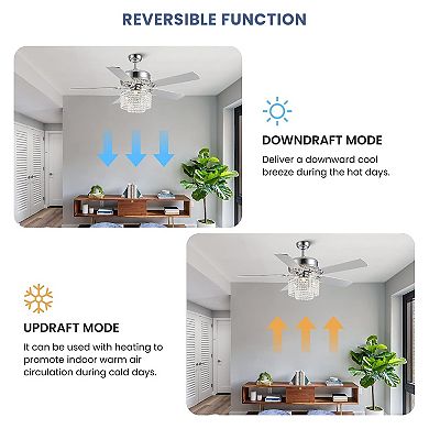 Moooni 52" Crystal Ceiling Fan with Light, 3-Light Vintage Chandelier Style