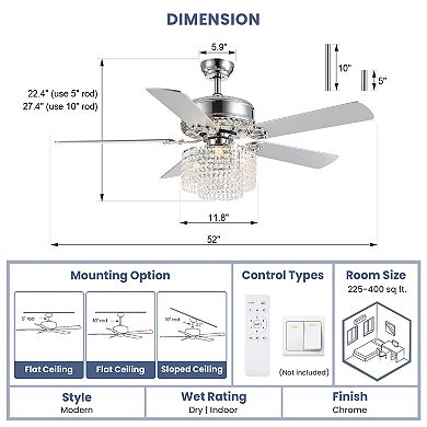 Moooni 52" Crystal Ceiling Fan with Light, 3-Light Vintage Chandelier Style