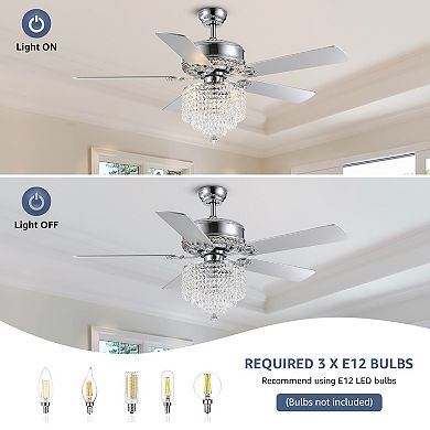 Moooni 52" Modern Crystal Ceiling Fan with Lights Chrome Indoor Fandelier with Remote No Bulbs