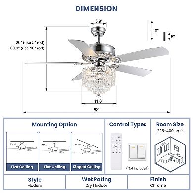 Moooni 52" Modern Crystal Ceiling Fan with Lights Chrome Indoor Fandelier with Remote No Bulbs