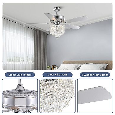 Moooni 52" Modern Crystal Ceiling Fan with Lights Chrome Indoor Fandelier with Remote No Bulbs