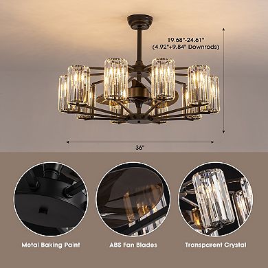 Moooni 36" 10-Light Vintage Downrod Mount Fandelier Black Crystal Ceiling Fan with Remote (No Bulbs)