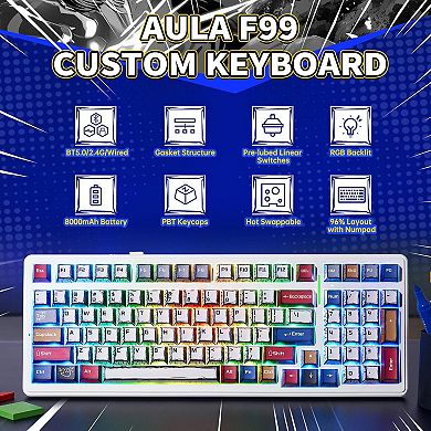 AULA F99, 99-Key, Wireless, Hot Swappable, Mechanical Gaming Keyboard, RGB, 5-Layer Padding