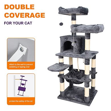 GOOPAWS Multi-Level 57-in Faux Fur Cat Tree & Condo with Hammock, Dark Grey