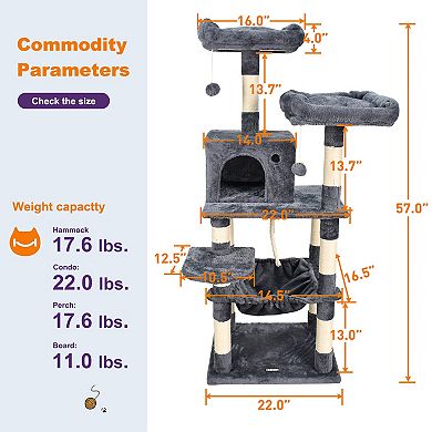 GOOPAWS Multi-Level 57-in Faux Fur Cat Tree & Condo with Hammock, Dark Grey