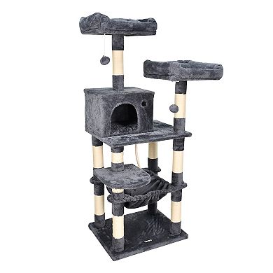 GOOPAWS Multi-Level 57-in Faux Fur Cat Tree & Condo with Hammock, Dark Grey