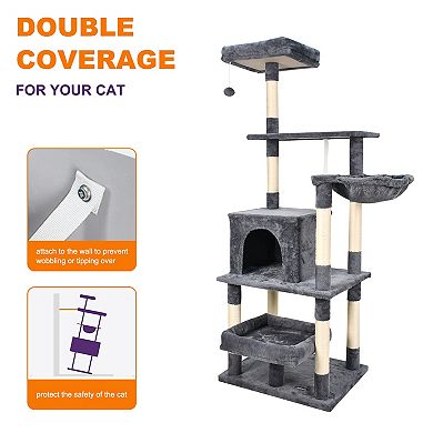 GOOPAWS Multi-Level 66-in Faux Fur Cat Tree & Condo, Dark Grey