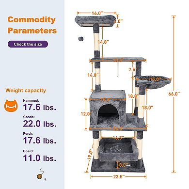 GOOPAWS Multi-Level 66-in Faux Fur Cat Tree & Condo, Dark Grey