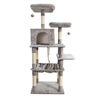 GOOPAWS Multi-Level 63 in Faux Fur Cat Tree & Condo with Hammock, Light Grey