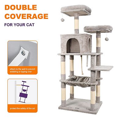 GOOPAWS Multi-Level 63-in Faux Fur Cat Tree & Condo with Hammock, Light Grey