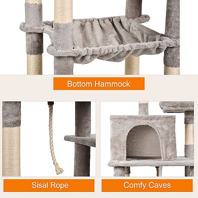 GOOPAWS Multi-Level 63-in Faux Fur Cat Tree & Condo with Hammock, Light Grey