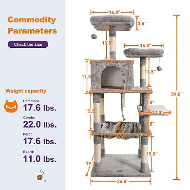GOOPAWS Multi-Level 63-in Faux Fur Cat Tree & Condo with Hammock, Light Grey