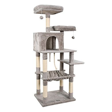 GOOPAWS Multi-Level 63-in Faux Fur Cat Tree & Condo with Hammock, Light Grey