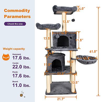 GOOPAWS Multi-Level 60-in Faux Fur Cat Tree & Condo, Dark Grey