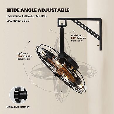 Moooni 21" Industrial Wall Mounted Ceiling Fans with Remote & Lights for Indoor Outdoor No Bulbs