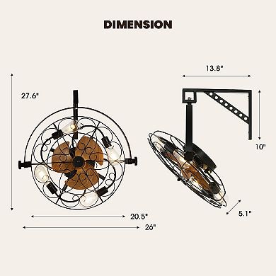 Moooni 21" Industrial Wall Mounted Ceiling Fans with Remote & Lights for Indoor Outdoor No Bulbs